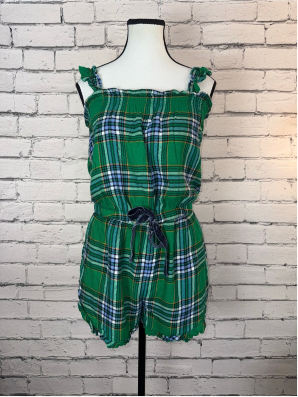 Women's Aerie Flannel Romper size XS Green Plaid Ruffle Boho Velvet Bow Fall - Picture 2 of 15
